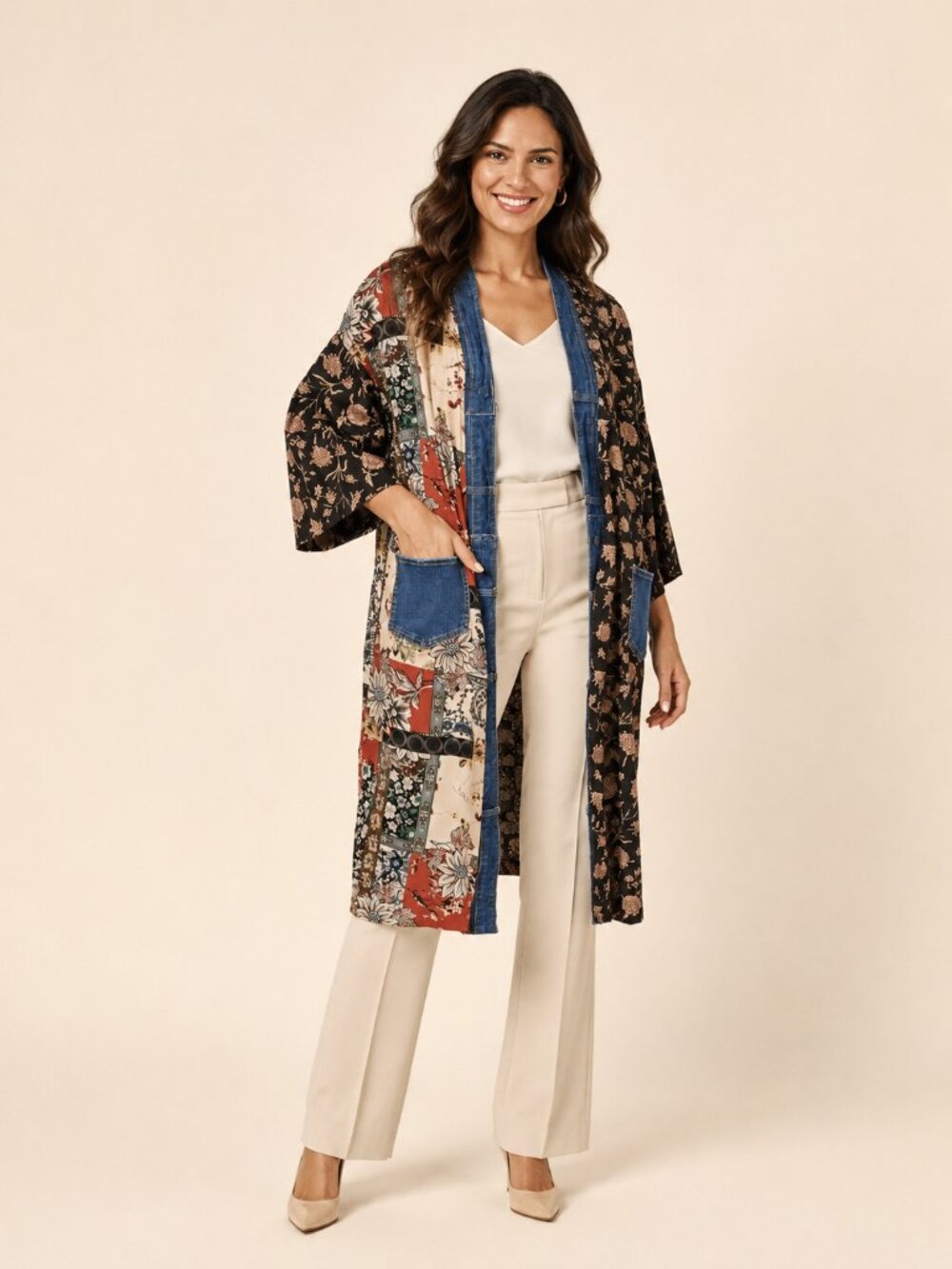 Shannon Passero Janis Patchwork Denim-Trim Long Cardigan One Size